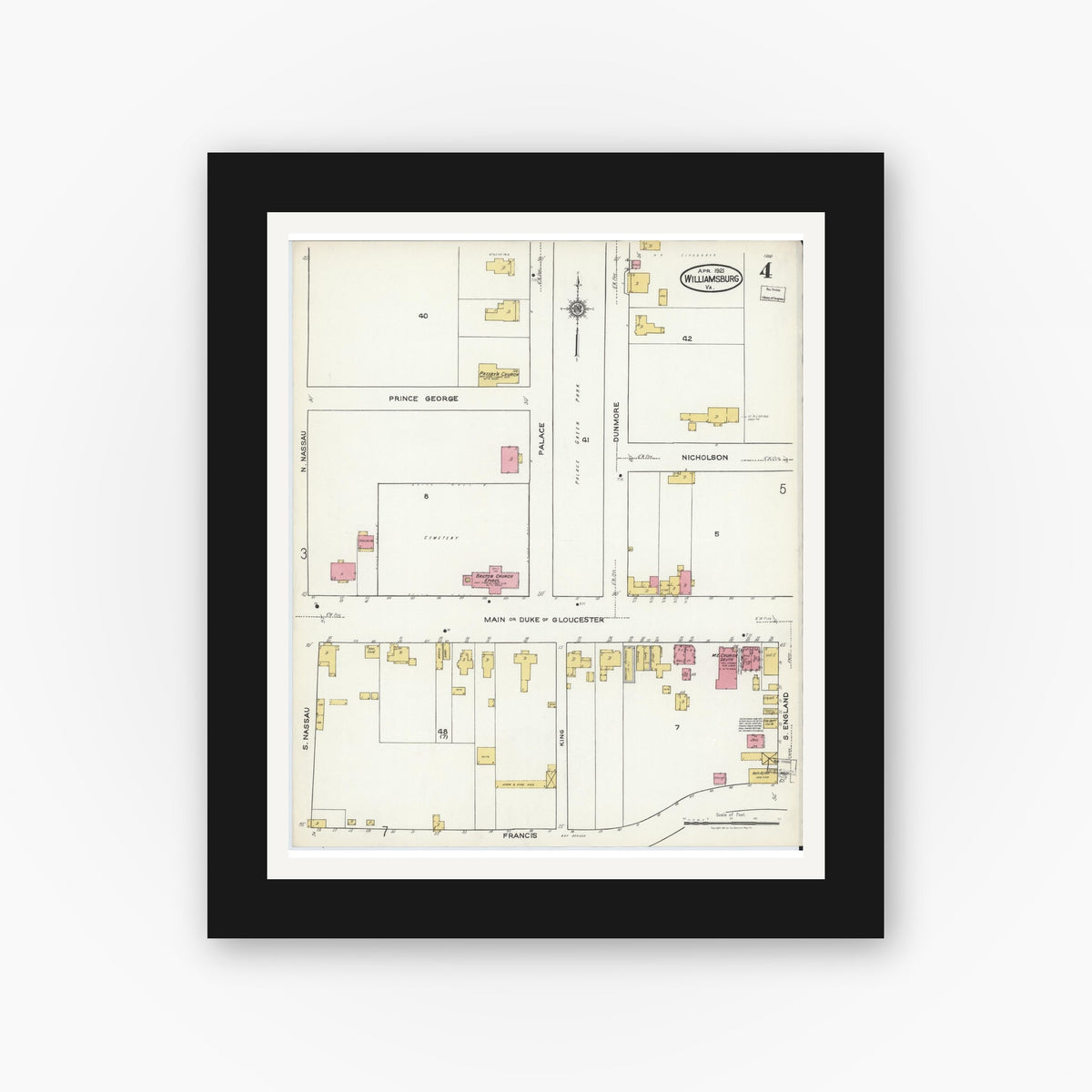 Old map wall art mockup — black gallery frame with white mat — Sanborn Fire Insurance Map from Williamsburg, Independent Cities, Virginia (1921), Sheet #0004