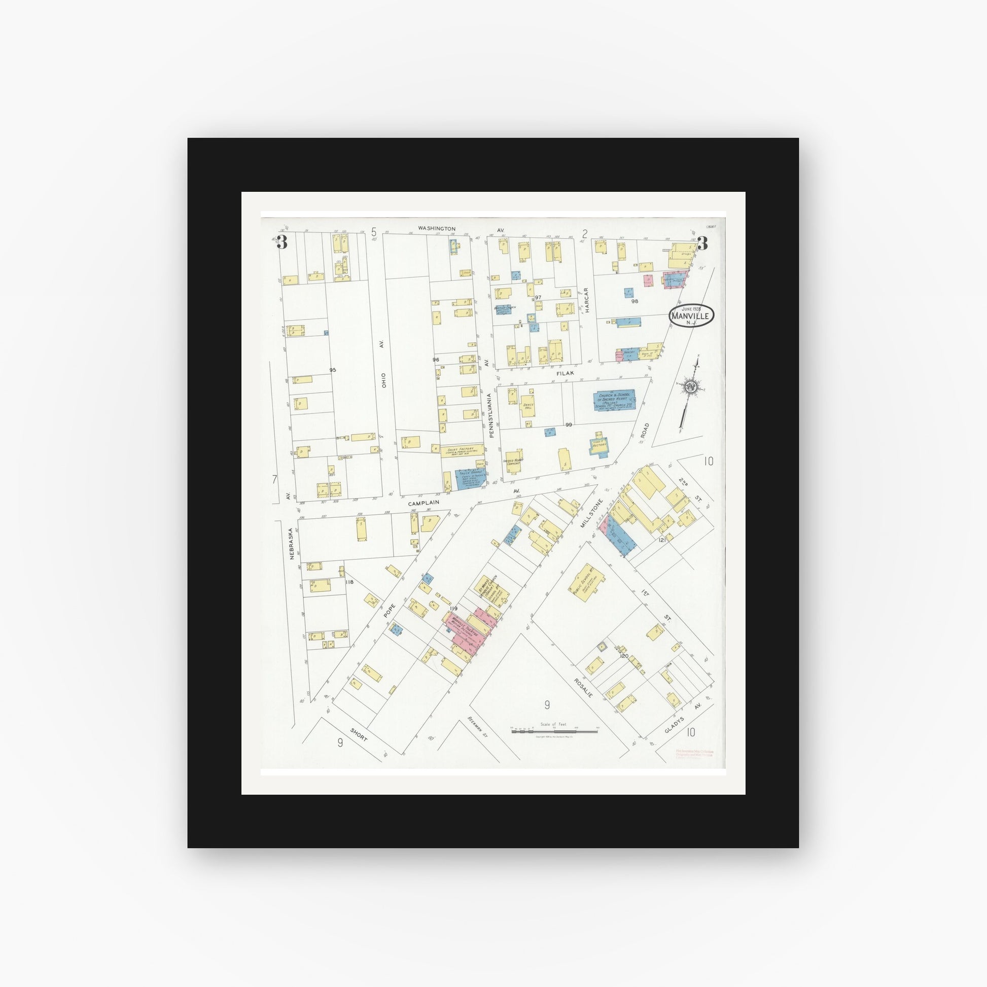Old map wall art mockup — black gallery frame with white mat — Sanborn Fire Insurance Map from Manville, Somerset County, New Jersey (1928), Sheet #0003
