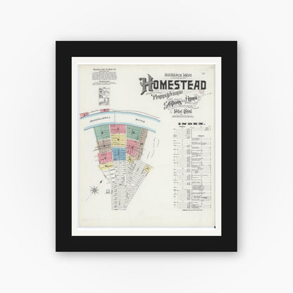 Old map wall art mockup — black gallery frame with white mat — Sanborn Fire Insurance Map from Homestead, Allegheny County, Pennsylvania (1896), Sheet #0001