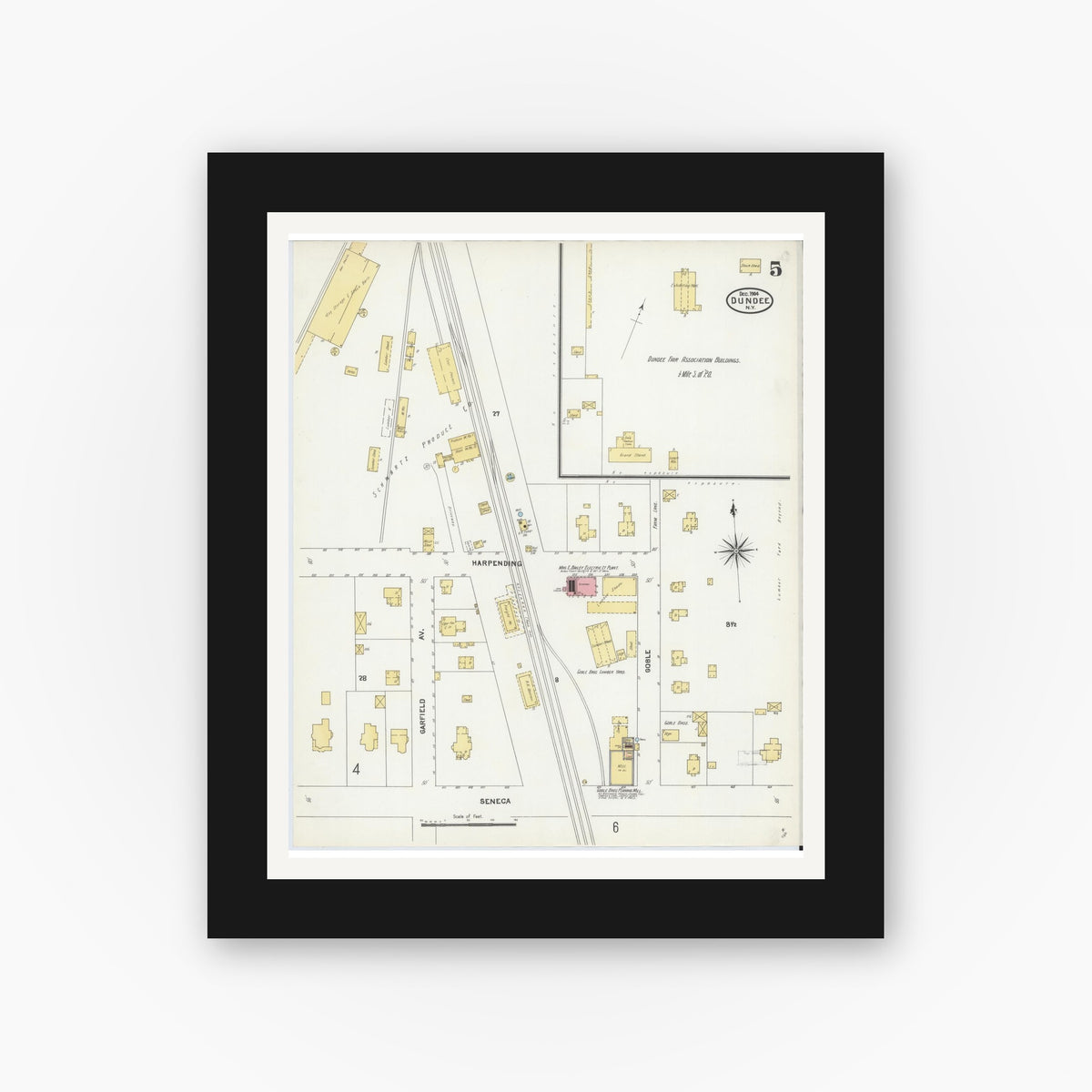 Old map wall art mockup — black gallery frame with white mat — Sanborn Fire Insurance Map from Dundee, Yates County, New York (1904), Sheet #0005