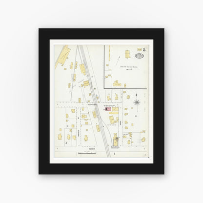 Old map wall art mockup — black gallery frame with white mat — Sanborn Fire Insurance Map from Dundee, Yates County, New York (1904), Sheet #0005