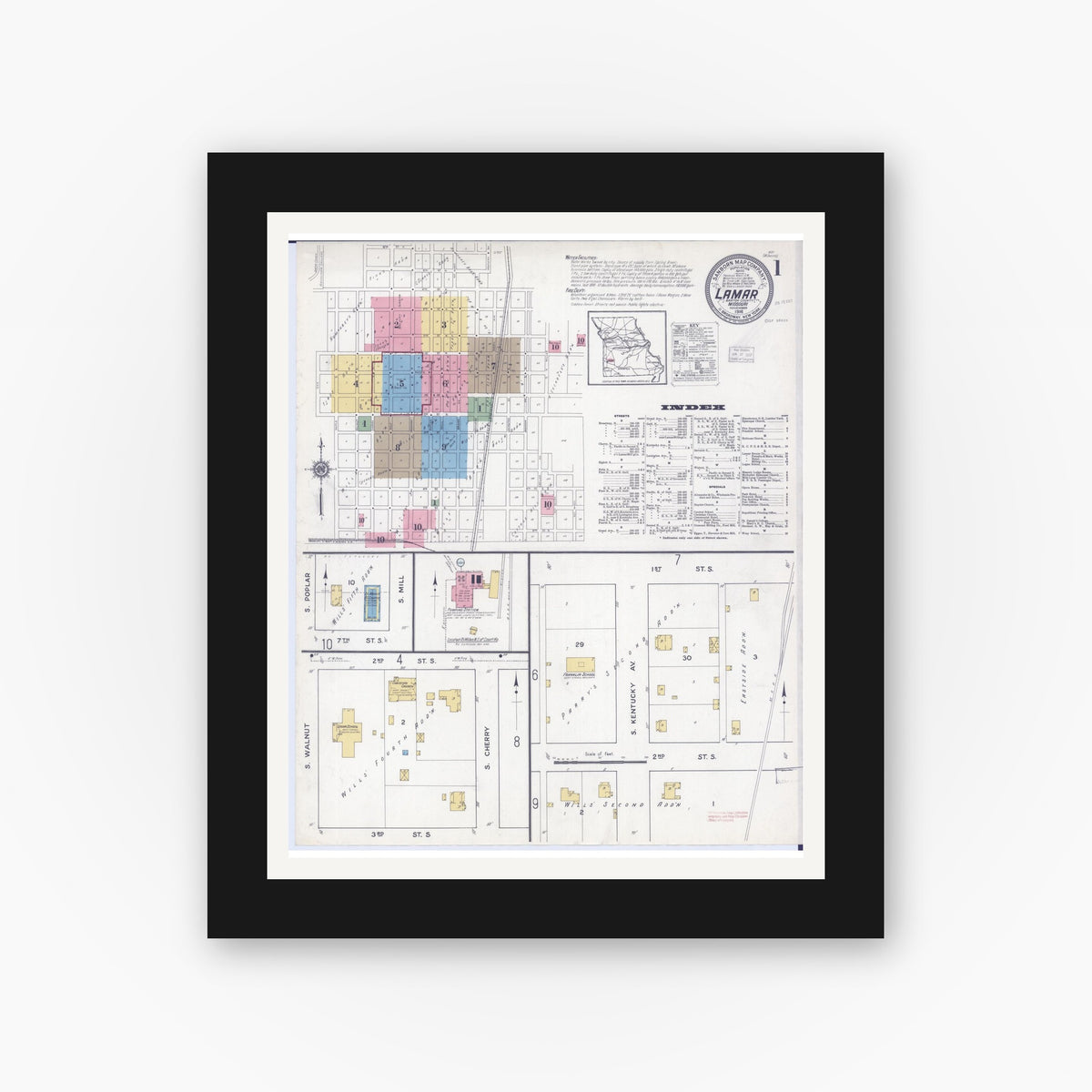 Old map wall art mockup — black gallery frame with white mat — Sanborn Fire Insurance Map from Lamar, Barton County, Missouri (1916), Sheet #0001