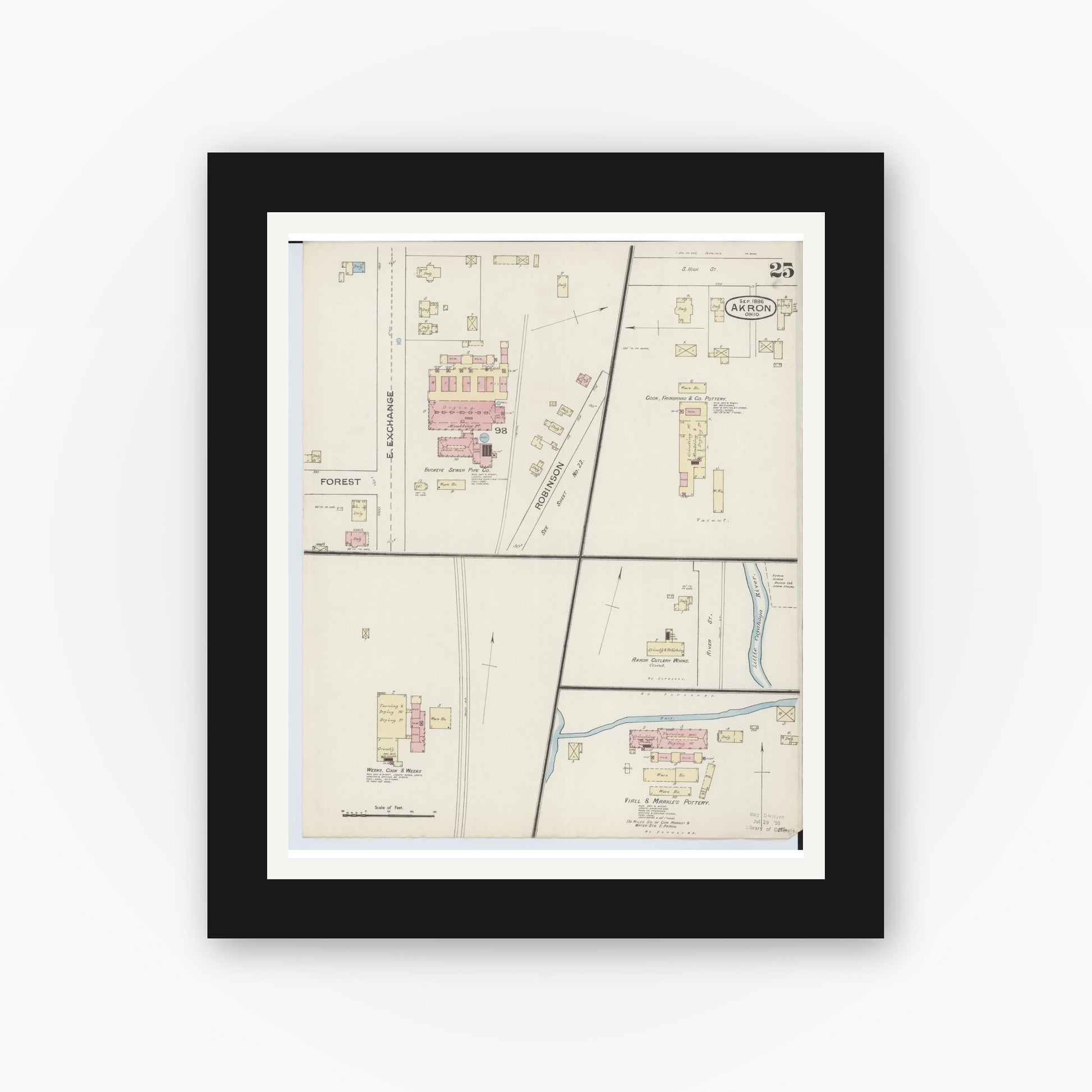 Old map wall art mockup — black gallery frame with white mat — Sanborn Fire Insurance Map from Akron, Summit County, Ohio (1886), Sheet #0025
