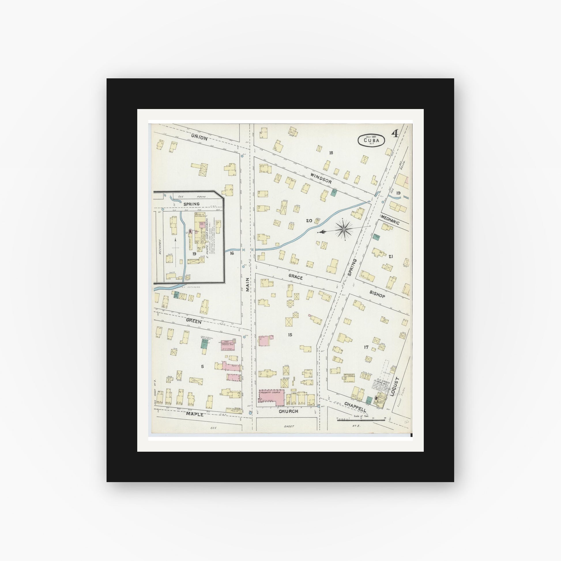 Old map wall art mockup — black gallery frame with white mat — Sanborn Fire Insurance Map from Cuba, Allegany County, New York (1891), Sheet #0004