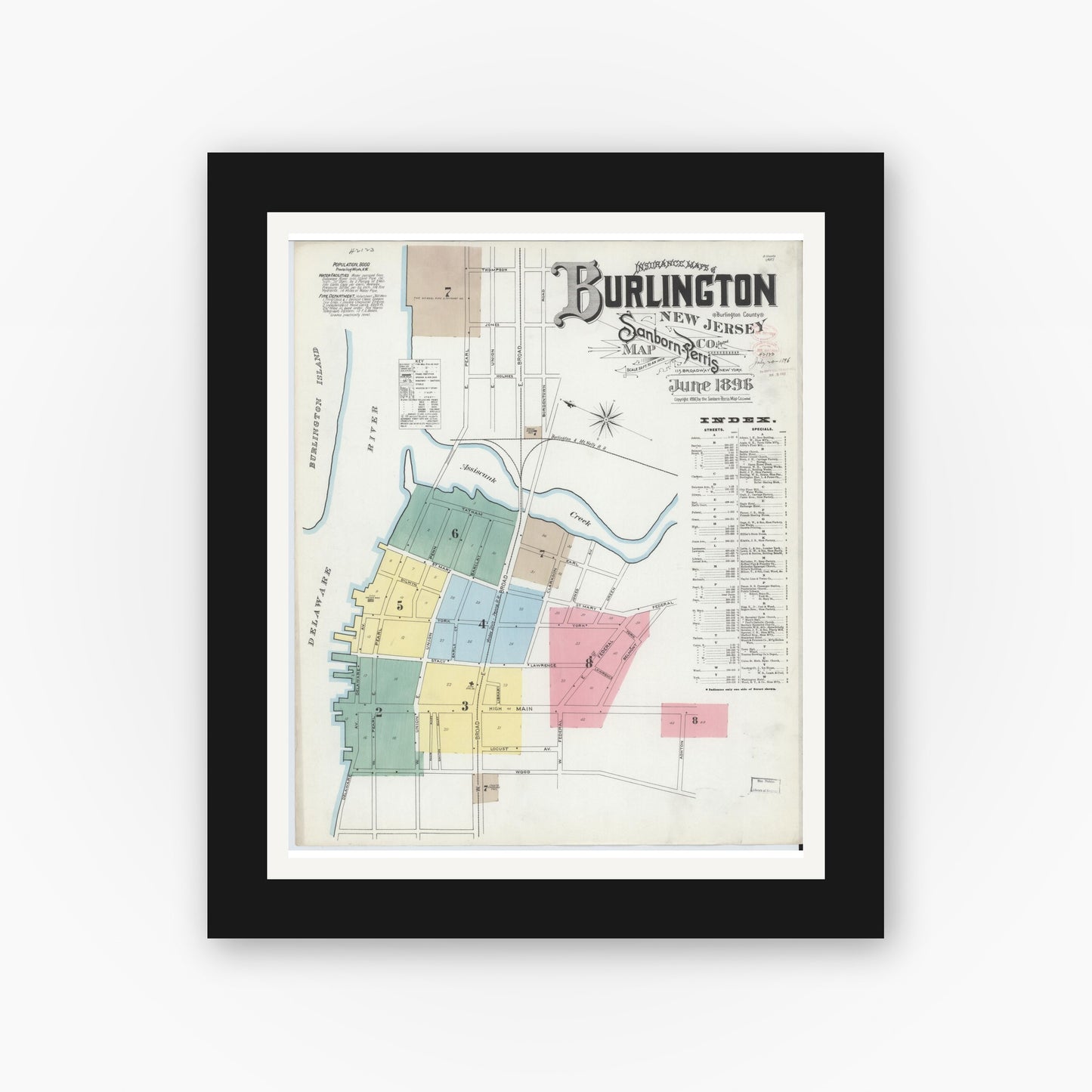 Old map wall art mockup — black gallery frame with white mat — Sanborn Fire Insurance Map from Burlington, Burlington County, New Jersey (1896), Sheet #0001