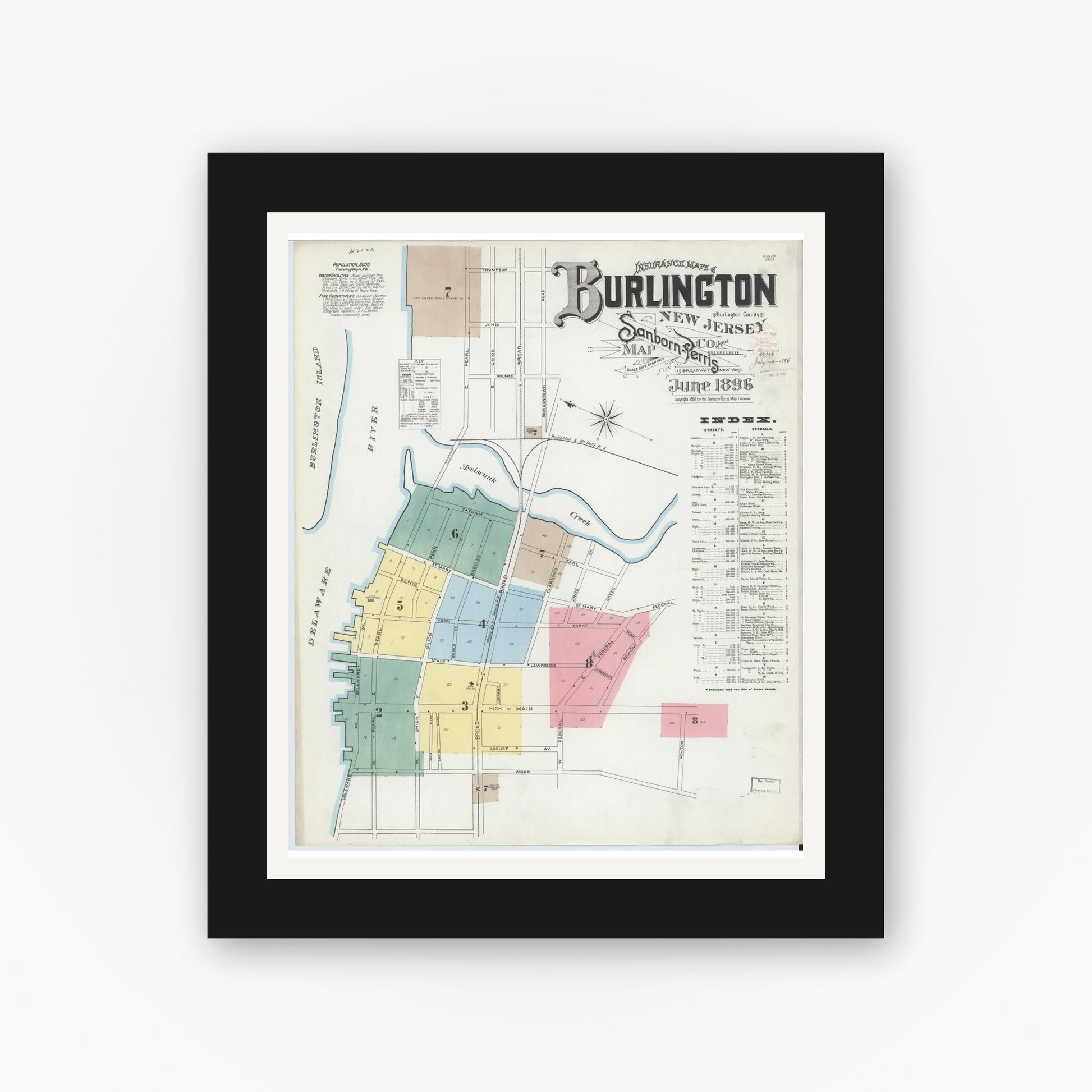 Old map wall art mockup — black gallery frame with white mat — Sanborn Fire Insurance Map from Burlington, Burlington County, New Jersey (1896), Sheet #0001
