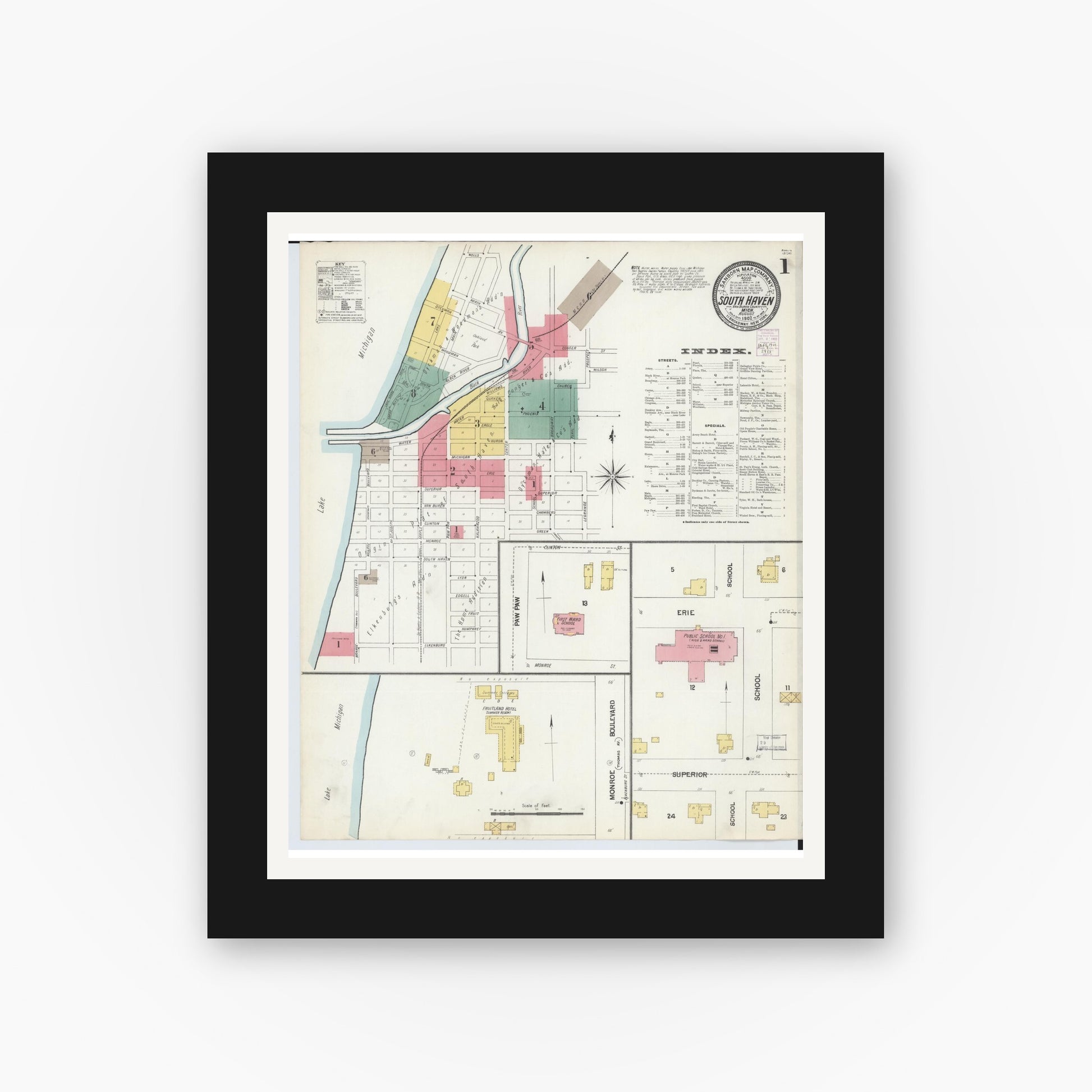 Old map wall art mockup — black gallery frame with white mat — Sanborn Fire Insurance Map from South Haven, Van Buren County, Michigan (1902) - Complete Map Set