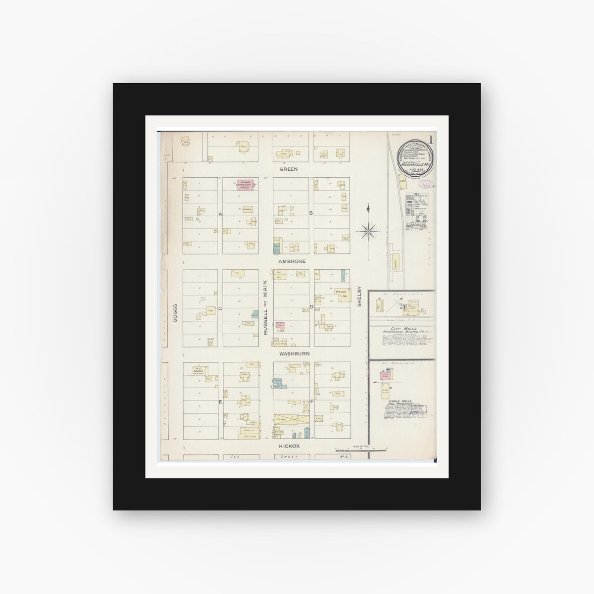 Old map wall art mockup — black gallery frame with white mat — Sanborn Fire Insurance Map from Higginsville, Lafayette County, Missouri (1886), Sheet #0001