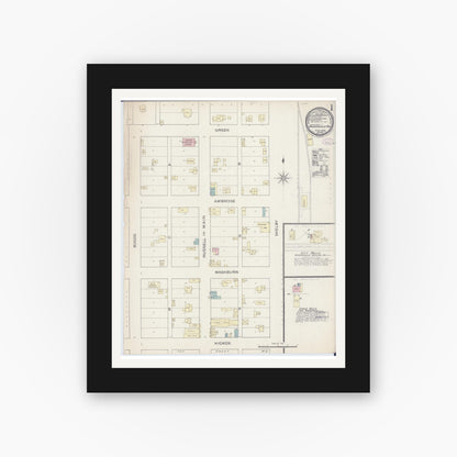 Old map wall art mockup — black gallery frame with white mat — Sanborn Fire Insurance Map from Higginsville, Lafayette County, Missouri (1886), Sheet #0001