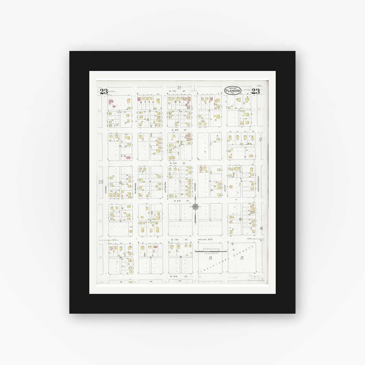 Old map wall art mockup — black gallery frame with white mat — Sanborn Fire Insurance Map from Plainview, Hale County, Texas (1927), Sheet #0023