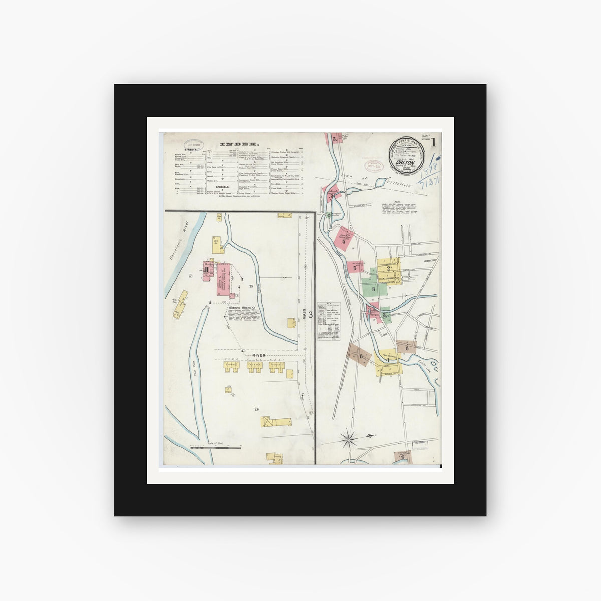 Old map wall art mockup — black gallery frame with white mat — Sanborn Fire Insurance Map from Dalton, Berkshire County, Massachusetts (1898) - Complete Map Set