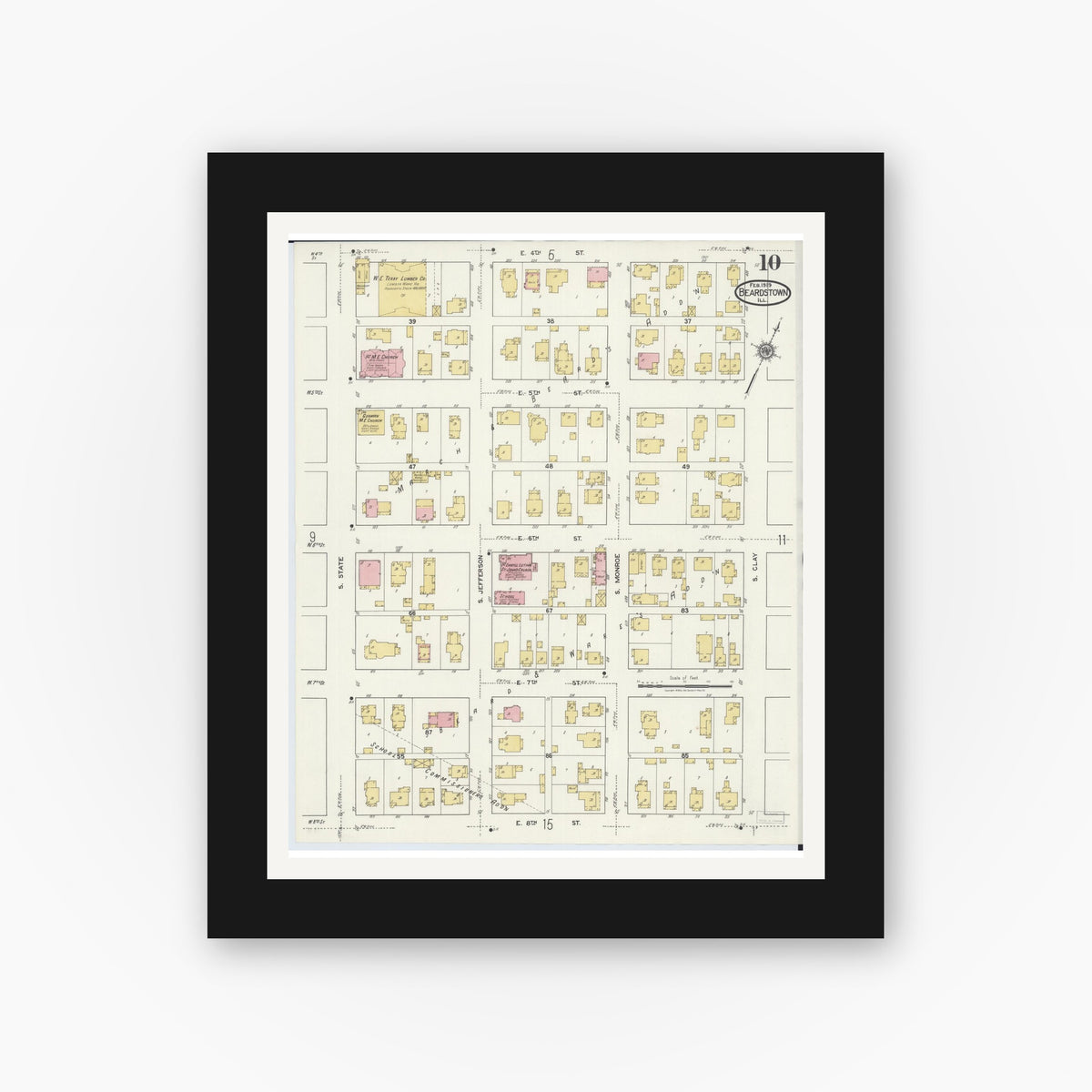 Old map wall art mockup — black gallery frame with white mat — Sanborn Fire Insurance Map from Beardstown, Cass County, Illinois (1919), Sheet #0010