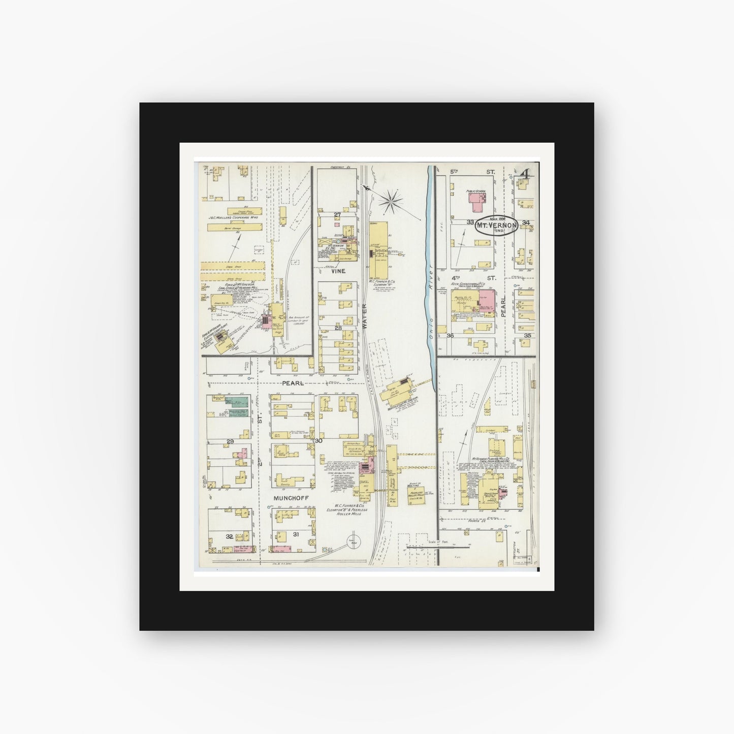 Old map wall art mockup — black gallery frame with white mat — Sanborn Fire Insurance Map from Mount Vernon, Posey County, Indiana (1892), Sheet #0004