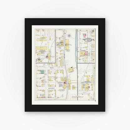 Old map wall art mockup — black gallery frame with white mat — Sanborn Fire Insurance Map from Mount Vernon, Posey County, Indiana (1892), Sheet #0004