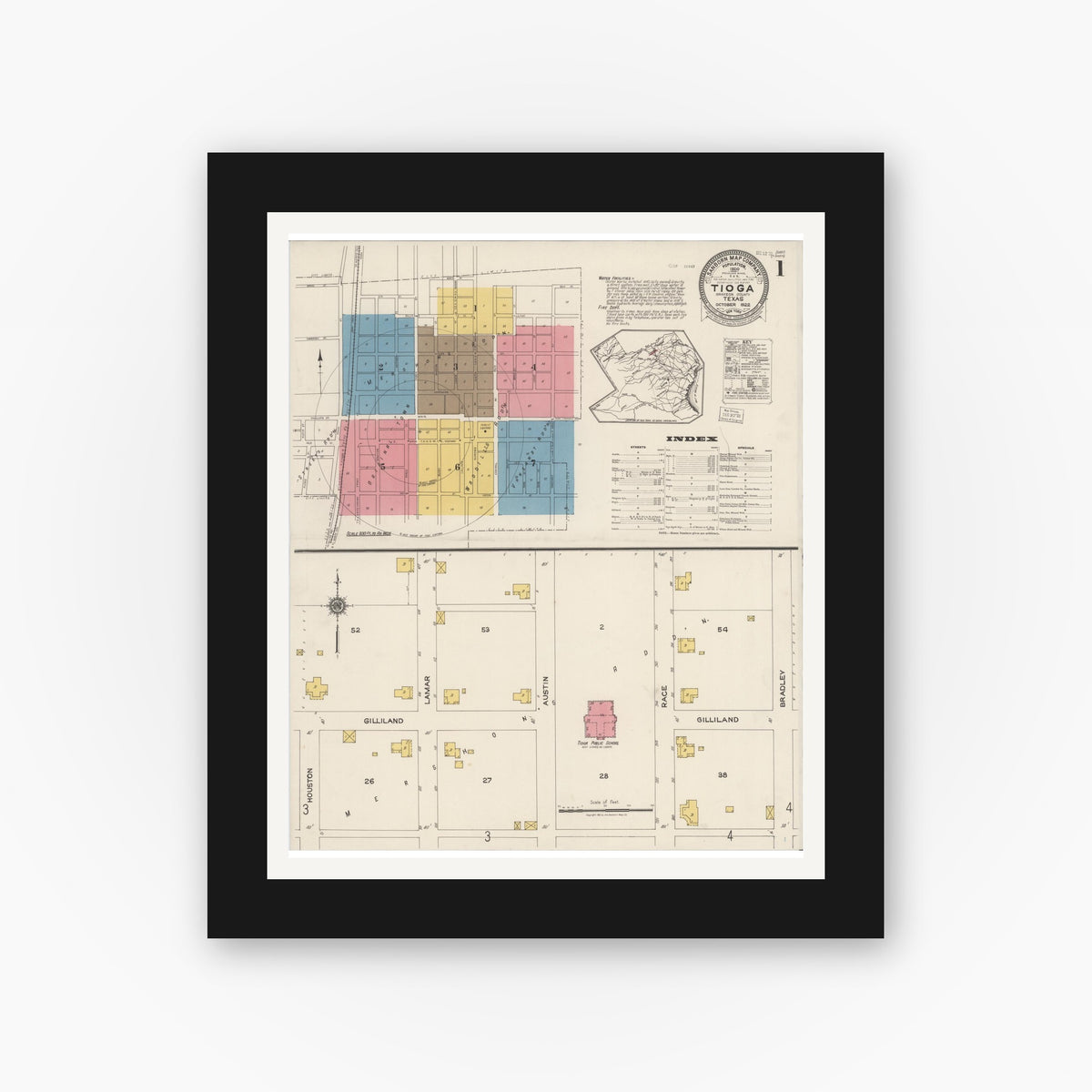 Old map wall art mockup — black gallery frame with white mat — Sanborn Fire Insurance Map from Tioga, Grayton County, Texas (1922) - Complete Map Set