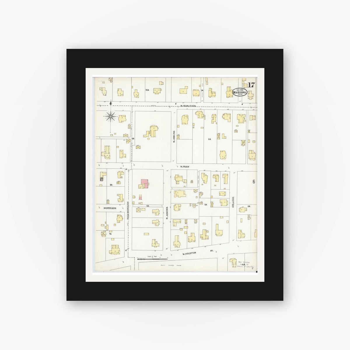 Old map wall art mockup — black gallery frame with white mat — Sanborn Fire Insurance Map from Marshall, Harrison County, Texas (1904), Sheet #0017