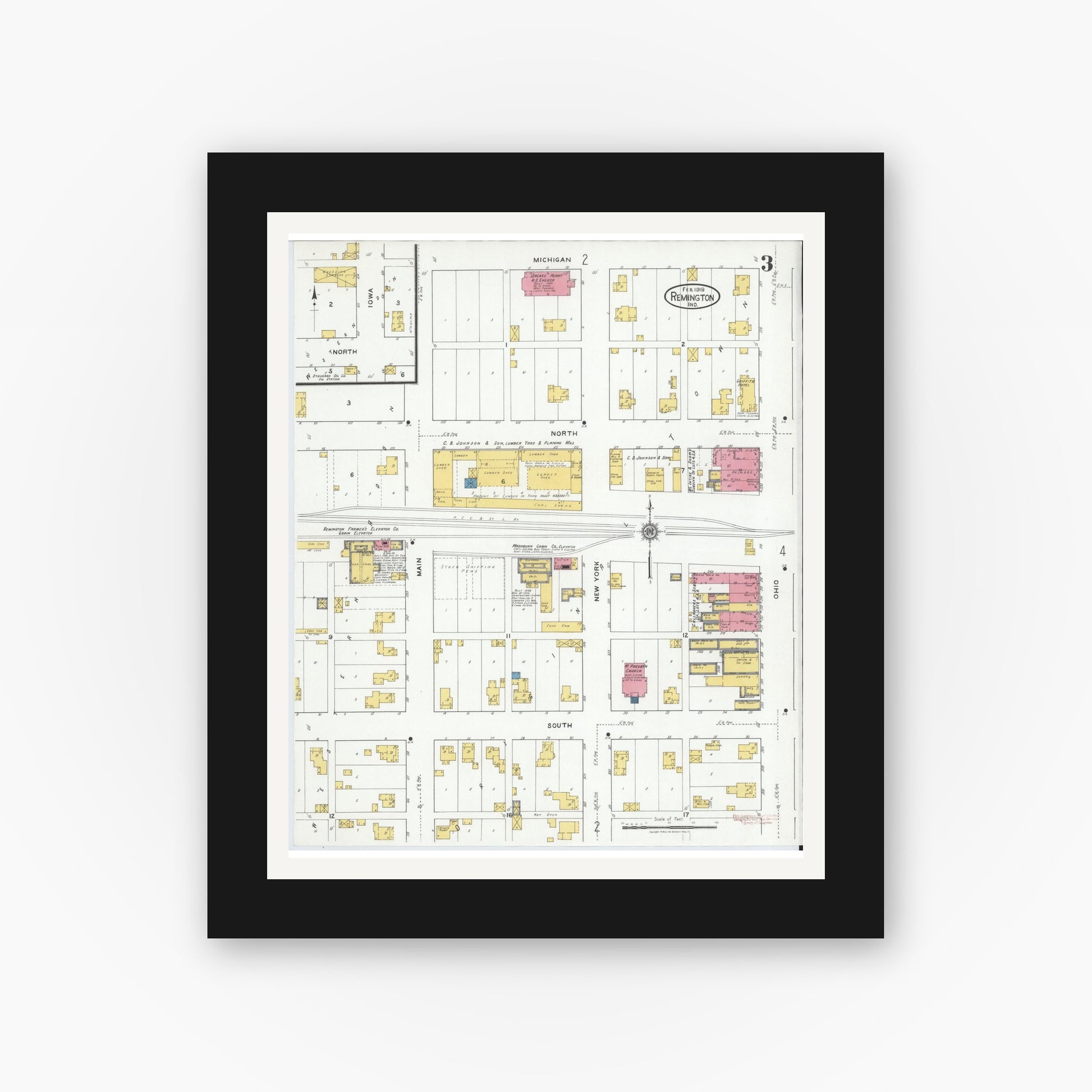 Old map wall art mockup — black gallery frame with white mat — Sanborn Fire Insurance Map from Remington, Jasper County, Indiana (1919), Sheet #0003