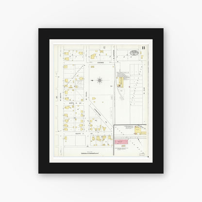 Old map wall art mockup — black gallery frame with white mat — Sanborn Fire Insurance Map from Lebanon, Boone County, Indiana (1909), Sheet #0011
