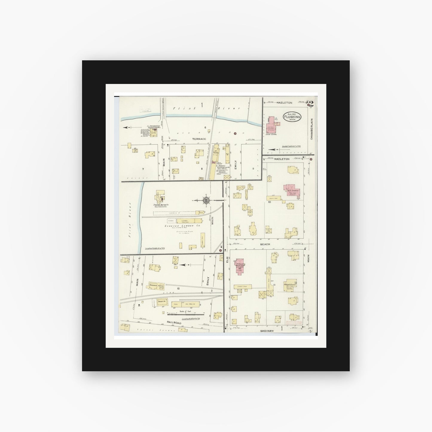 Old map wall art mockup — black gallery frame with white mat — Sanborn Fire Insurance Map from Flushing, Genesee County, Michigan (1910), Sheet #0002