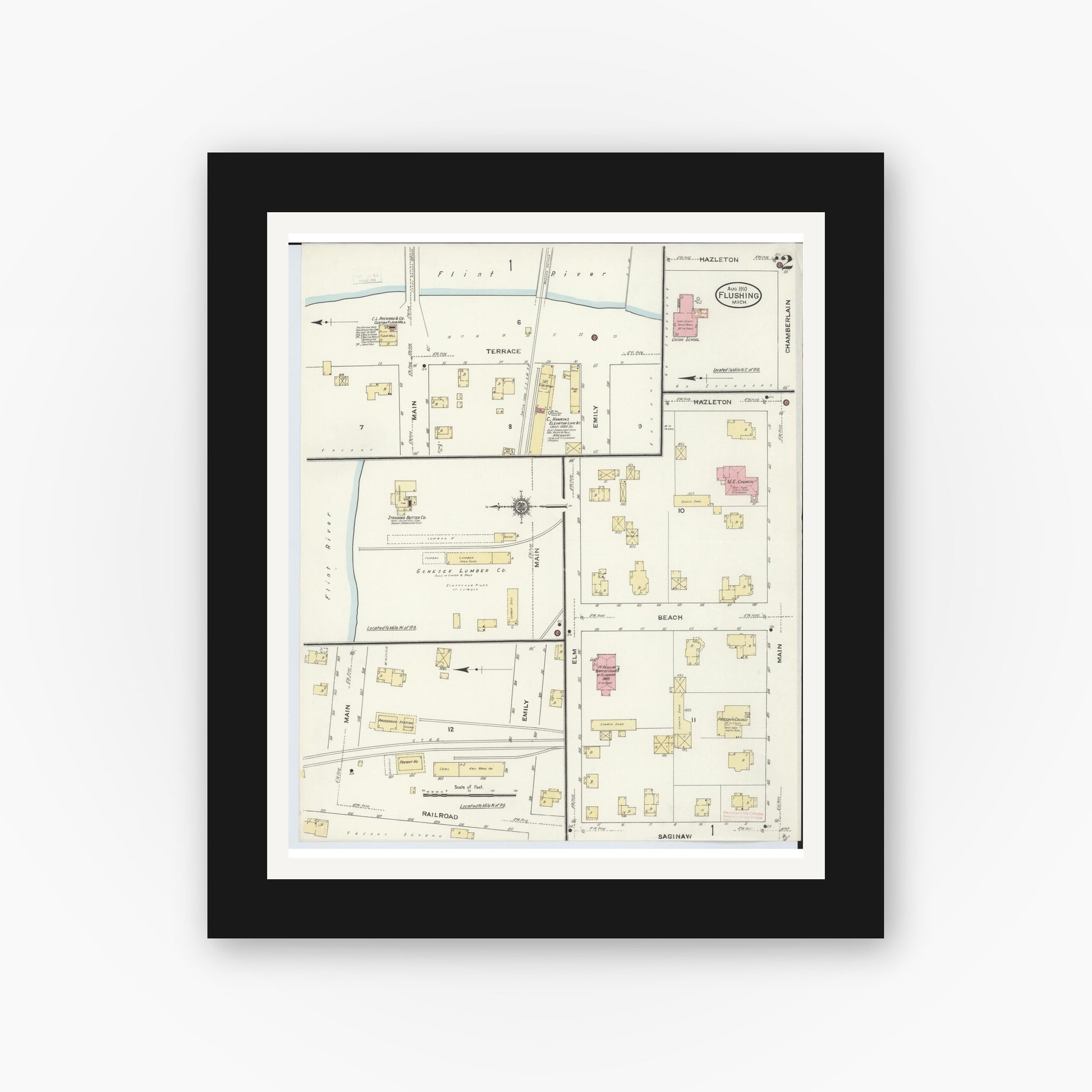 Old map wall art mockup — black gallery frame with white mat — Sanborn Fire Insurance Map from Flushing, Genesee County, Michigan (1910), Sheet #0002