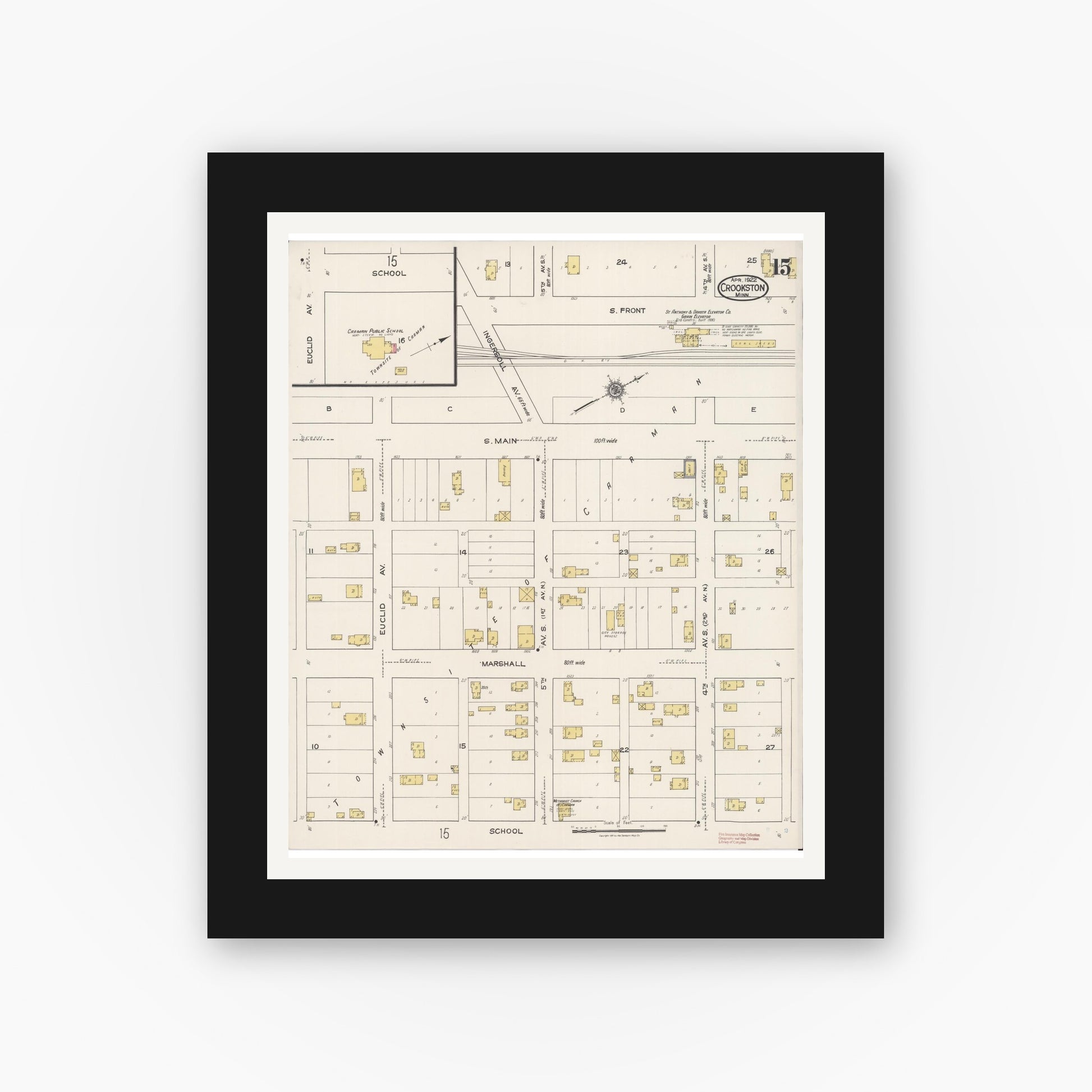 Old map wall art mockup — black gallery frame with white mat — Sanborn Fire Insurance Map from Crookston, Polk County, Minnesota (1922), Sheet #0015