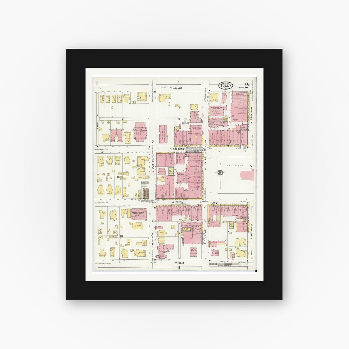 Old map wall art mockup — black gallery frame with white mat — Sanborn Fire Insurance Map from Tyler, Smith County, Texas (1919), Sheet #0002