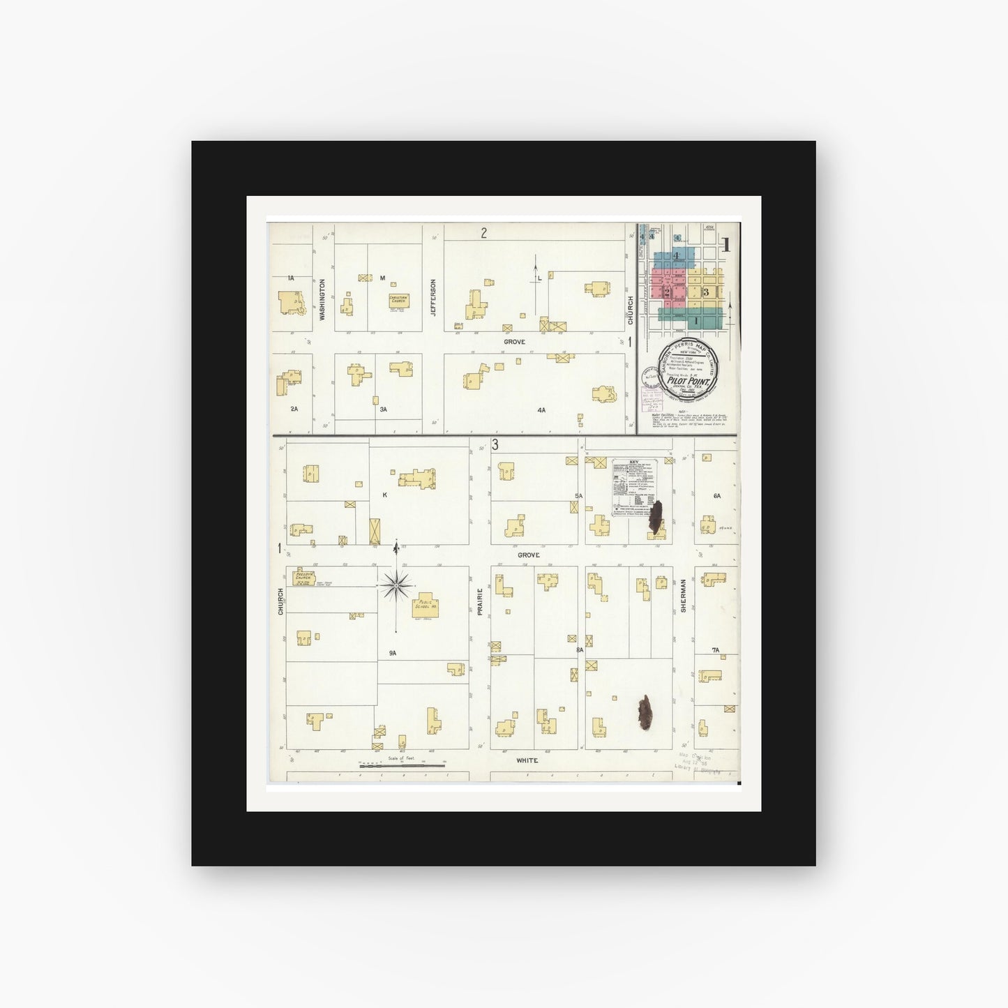Old map wall art mockup — black gallery frame with white mat — Sanborn Fire Insurance Map from Pilot Point, Denton County, Texas (1901), Sheet #0001
