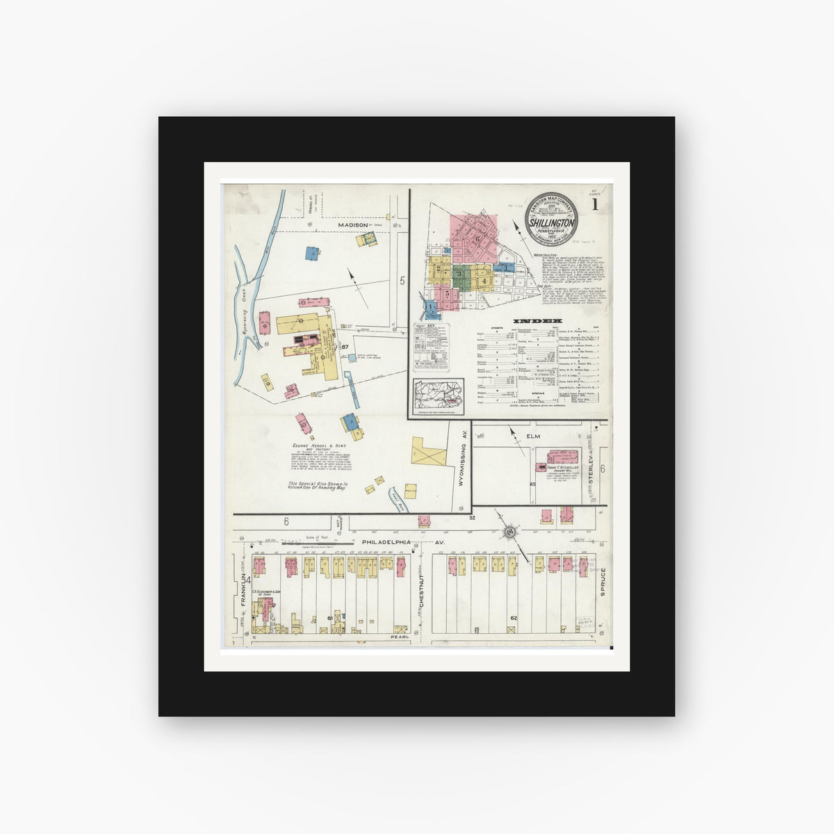 Old map wall art mockup — black gallery frame with white mat — Sanborn Fire Insurance Map from Shillington, Berks County, Pennsylvania (1920), Sheet #0001
