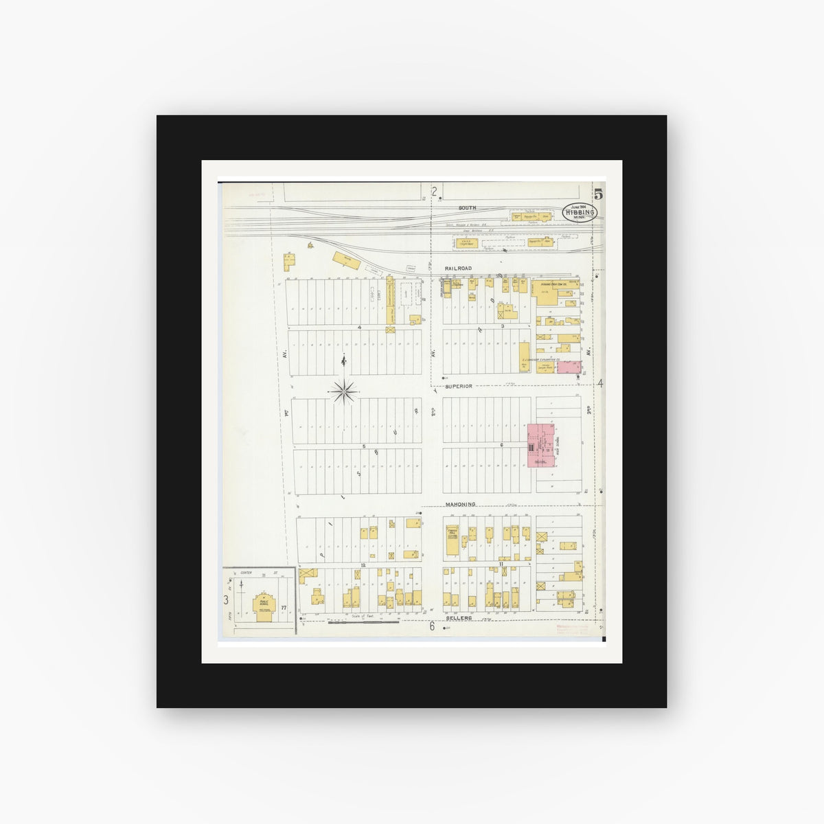 Old map wall art mockup — black gallery frame with white mat — Sanborn Fire Insurance Map from Hibbing, Saint Louis County, Minnesota (1904), Sheet #0005