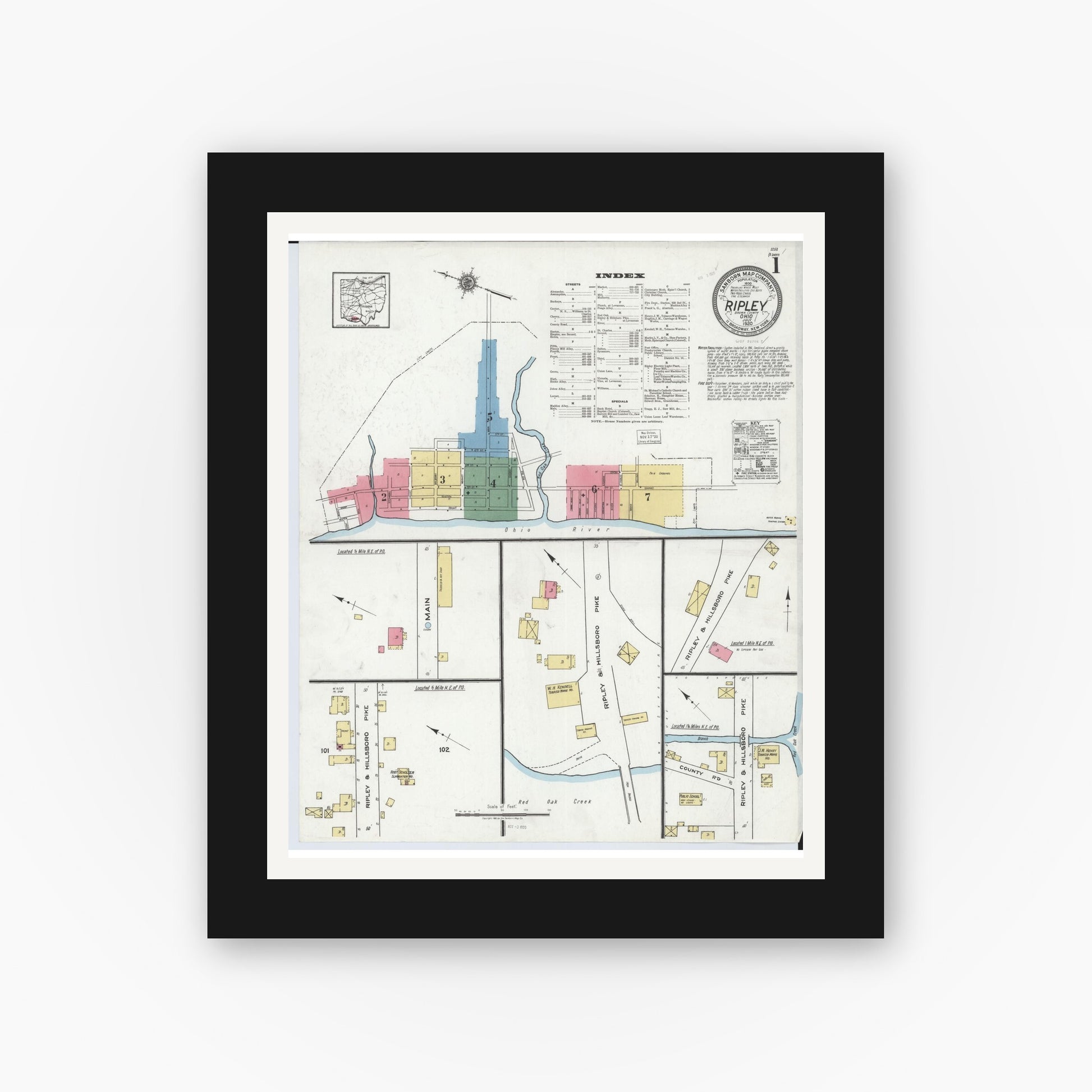 Old map wall art mockup — black gallery frame with white mat — Sanborn Fire Insurance Map from Ripley, Brown County, Ohio (1920), Sheet #0001