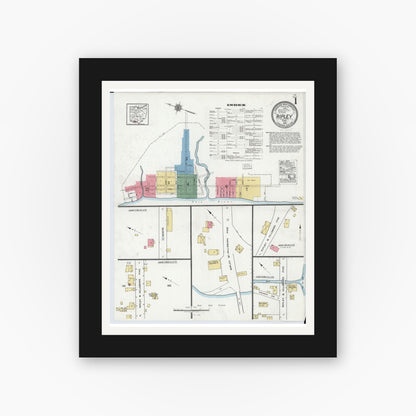 Old map wall art mockup — black gallery frame with white mat — Sanborn Fire Insurance Map from Ripley, Brown County, Ohio (1920), Sheet #0001
