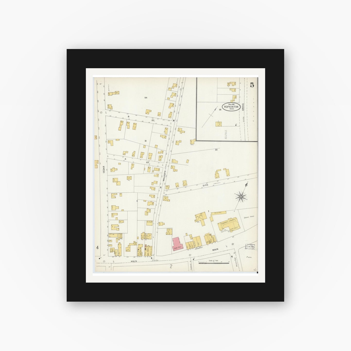 Old map wall art mockup — black gallery frame with white mat — Sanborn Fire Insurance Map from Hopkinton, Middlesex County, Massachusetts (1904), Sheet #0005