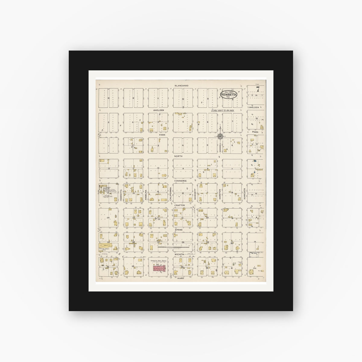 Old map wall art mockup — black gallery frame with white mat — Sanborn Fire Insurance Map from Henrietta, Clay County, Texas (1922), Sheet #0007