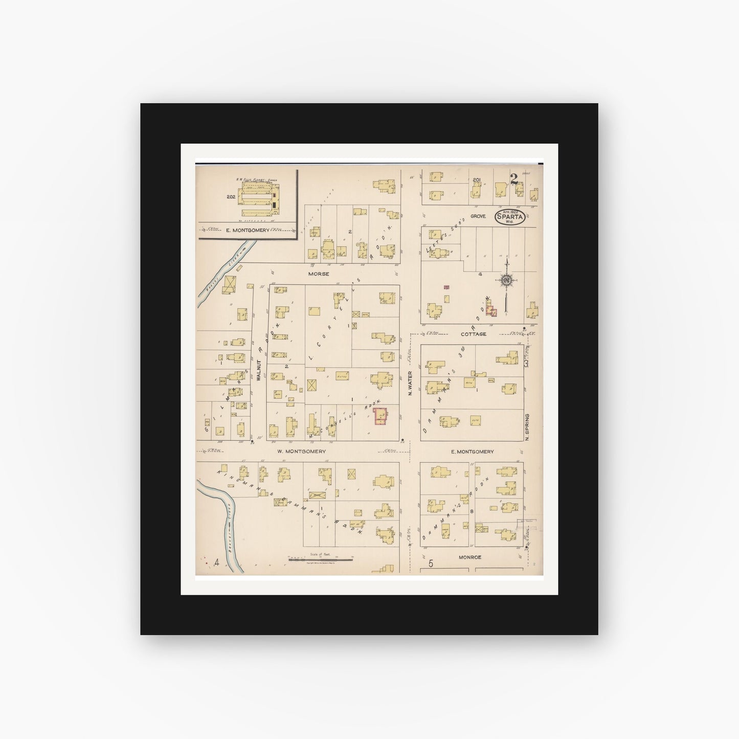 Old map wall art mockup — black gallery frame with white mat — Sanborn Fire Insurance Map from Sparta, Monroe County, Wisconsin (1922), Sheet #0002