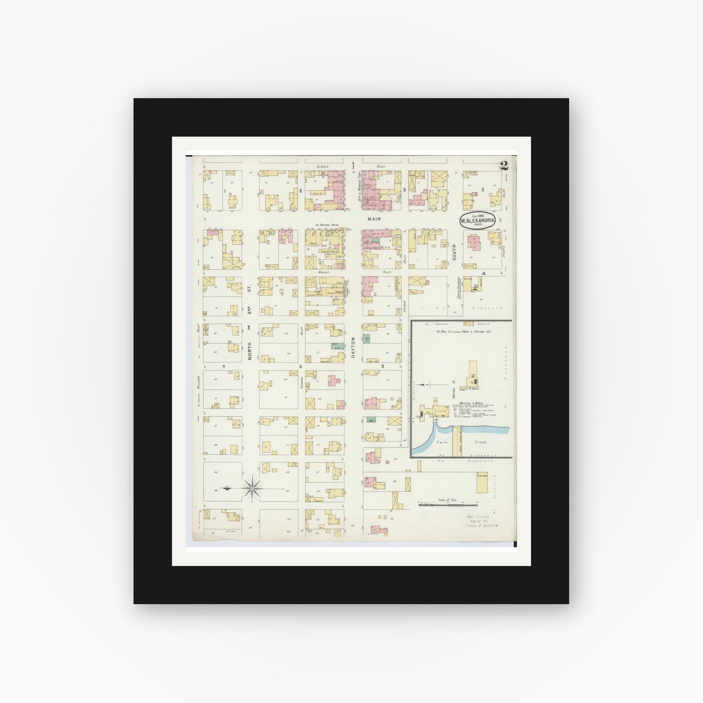 Old map wall art mockup — black gallery frame with white mat — Sanborn Fire Insurance Map from West Alexandria, Preble County, Ohio (1896), Sheet #0002