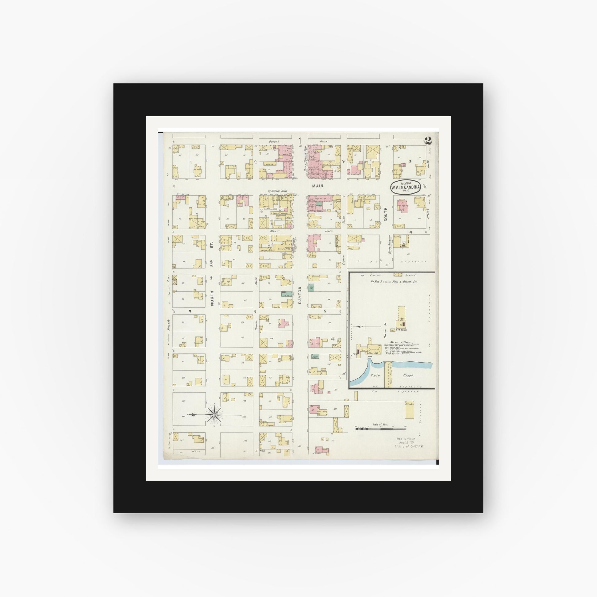 Old map wall art mockup — black gallery frame with white mat — Sanborn Fire Insurance Map from West Alexandria, Preble County, Ohio (1896), Sheet #0002