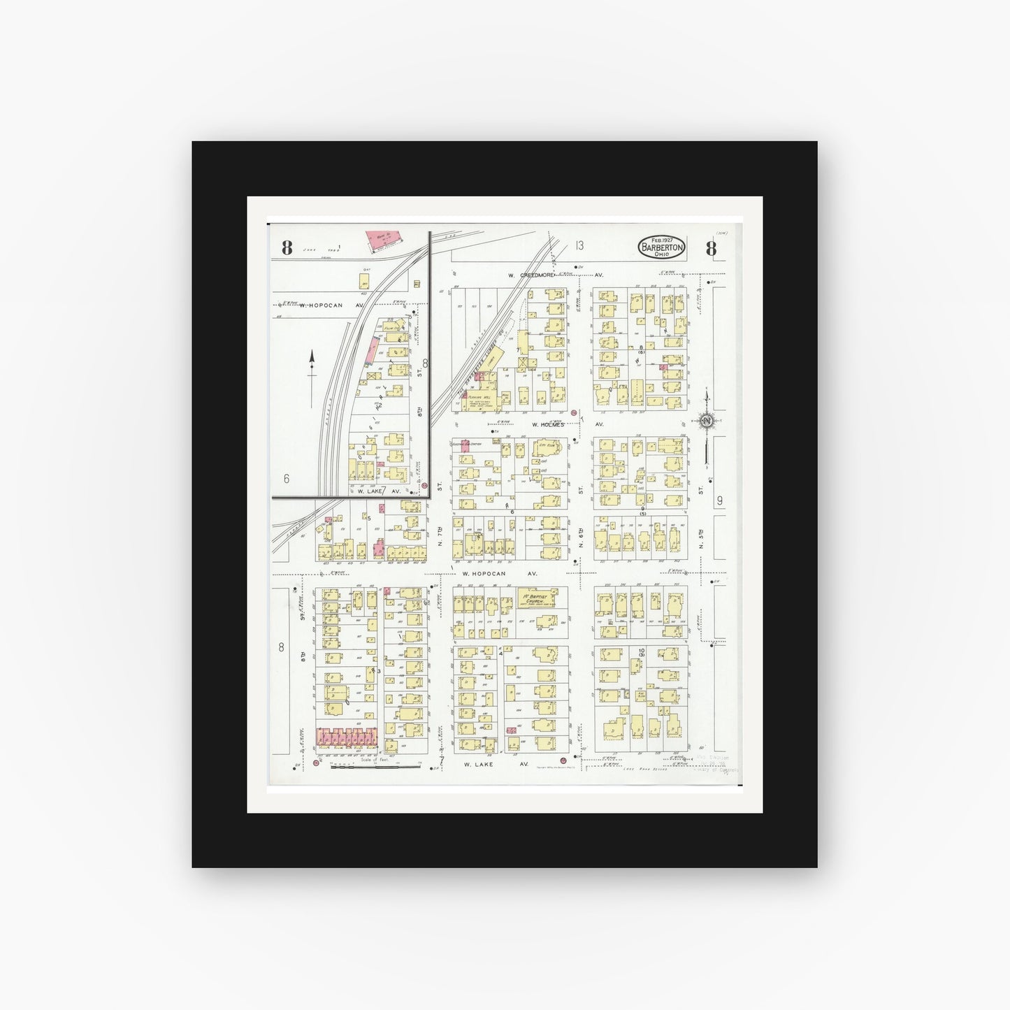 Old map wall art mockup — black gallery frame with white mat — Sanborn Fire Insurance Map from Barberton, Summit County, Ohio (1927), Sheet #0008