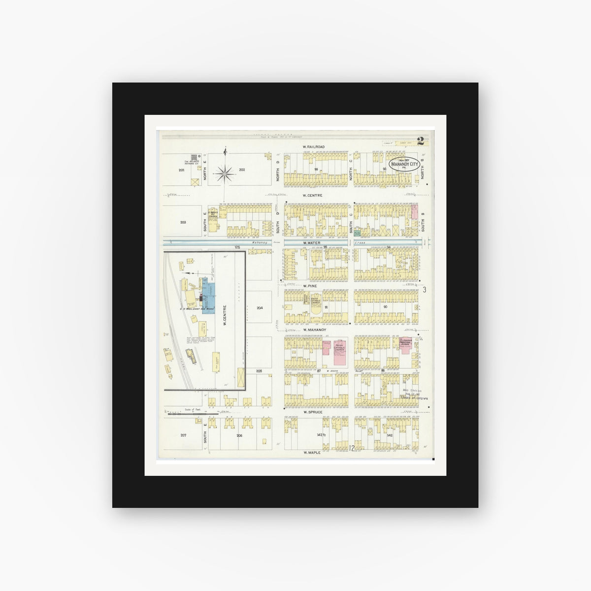 Old map wall art mockup — black gallery frame with white mat — Sanborn Fire Insurance Map from Mahanoy City, Schuylkill County, Pennsylvania (1907), Sheet #0002