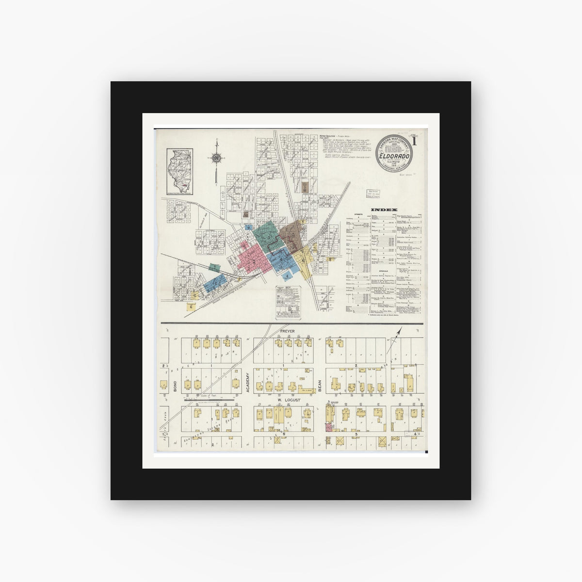 Old map wall art mockup — black gallery frame with white mat — Sanborn Fire Insurance Map from Eldorado, Saline County, Illinois (1919) - Complete Map Set