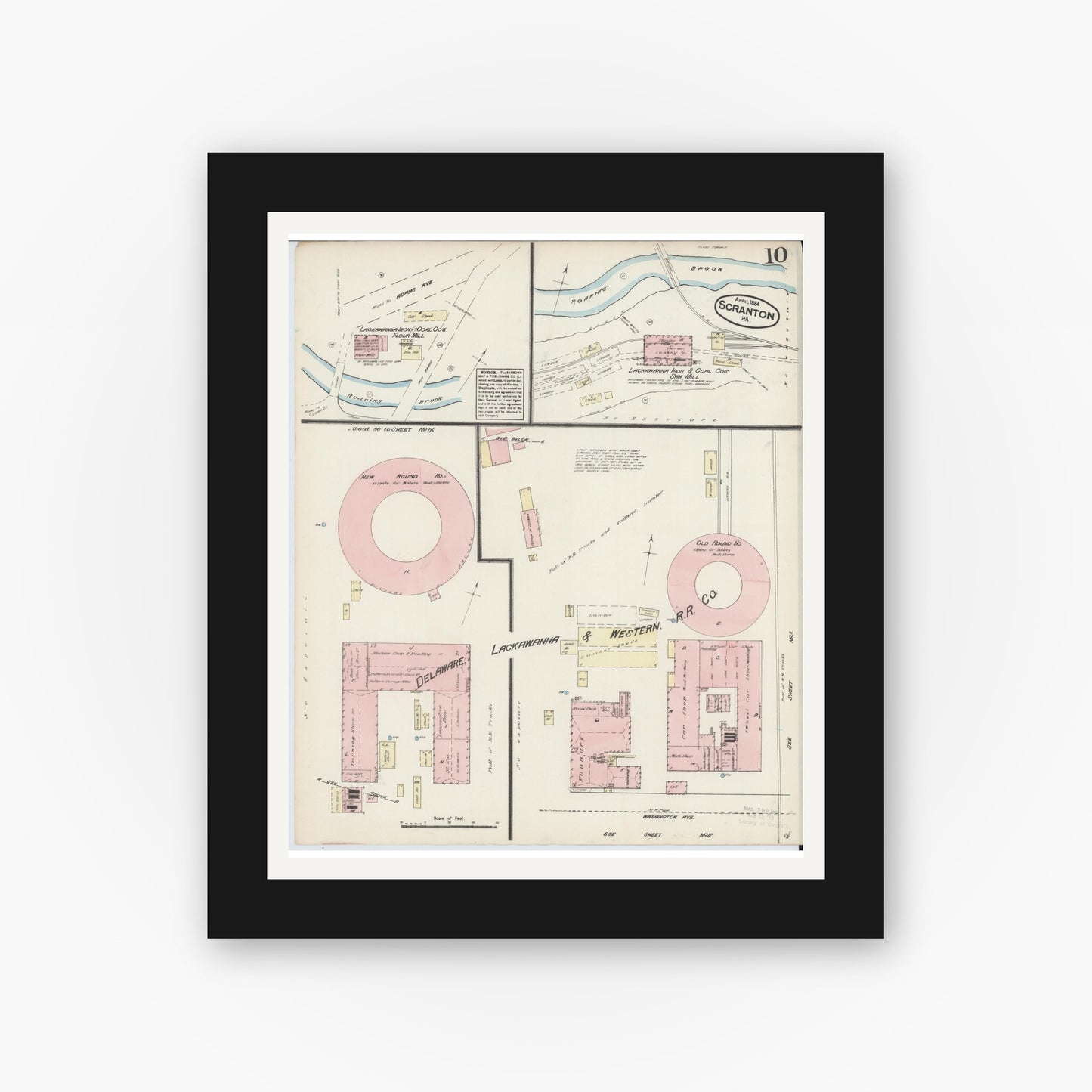 Old map wall art mockup — black gallery frame with white mat — Sanborn Fire Insurance Map from Scranton, Lackawanna County, Pennsylvania (1884), Sheet #0010
