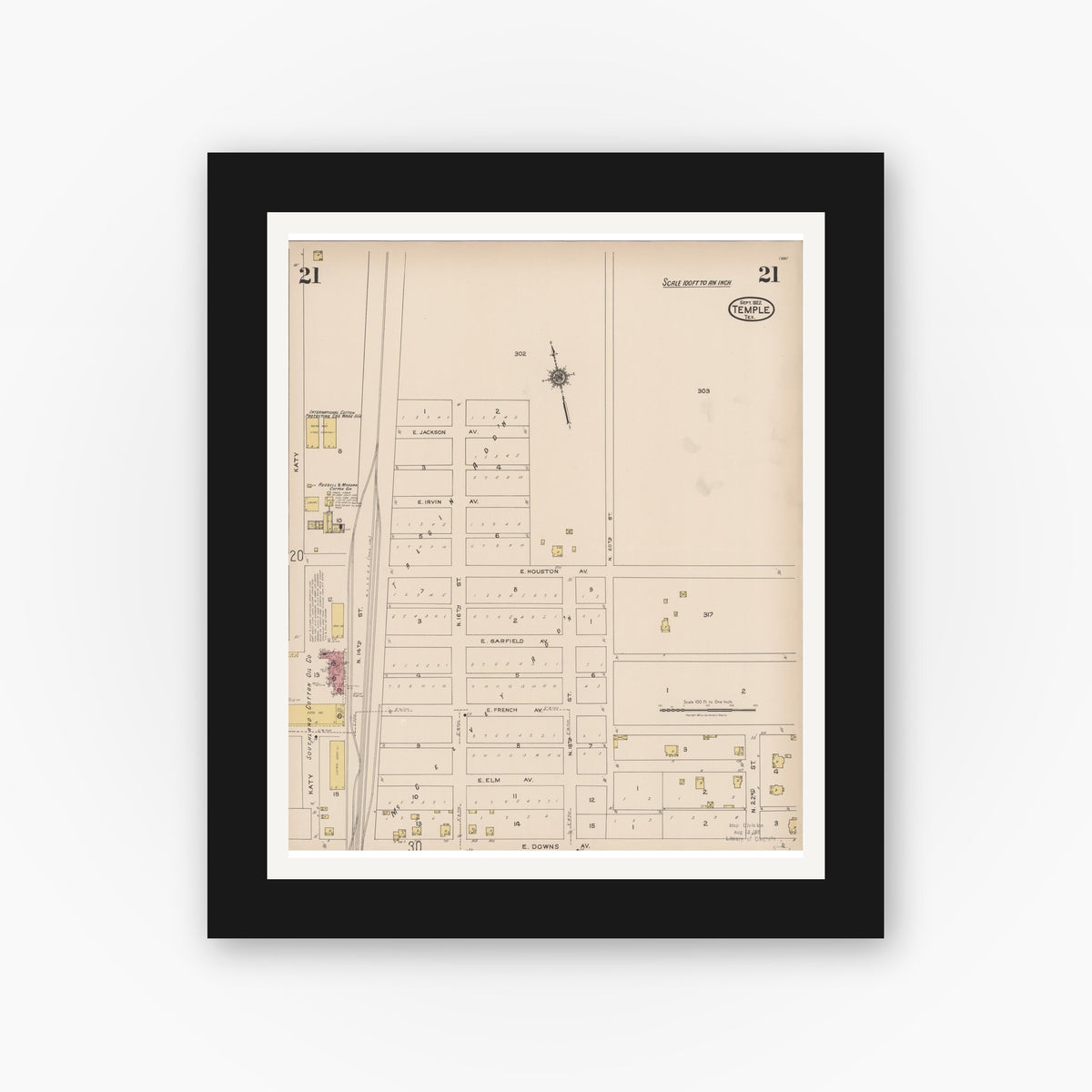 Old map wall art mockup — black gallery frame with white mat — Sanborn Fire Insurance Map from Temple, Bell County, Texas (1922), Sheet #0021