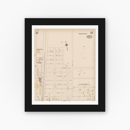 Old map wall art mockup — black gallery frame with white mat — Sanborn Fire Insurance Map from Temple, Bell County, Texas (1922), Sheet #0021
