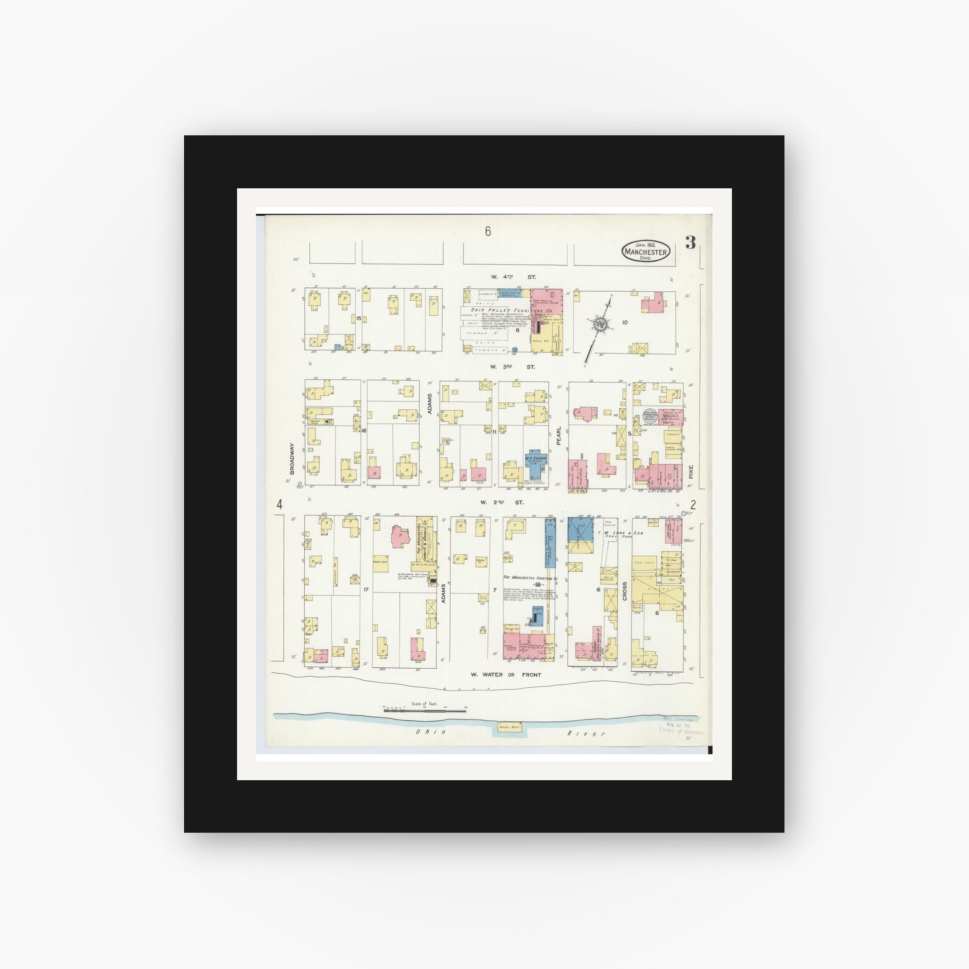 Old map wall art mockup — black gallery frame with white mat — Sanborn Fire Insurance Map from Manchester, Adams County, Ohio (1912), Sheet #0003