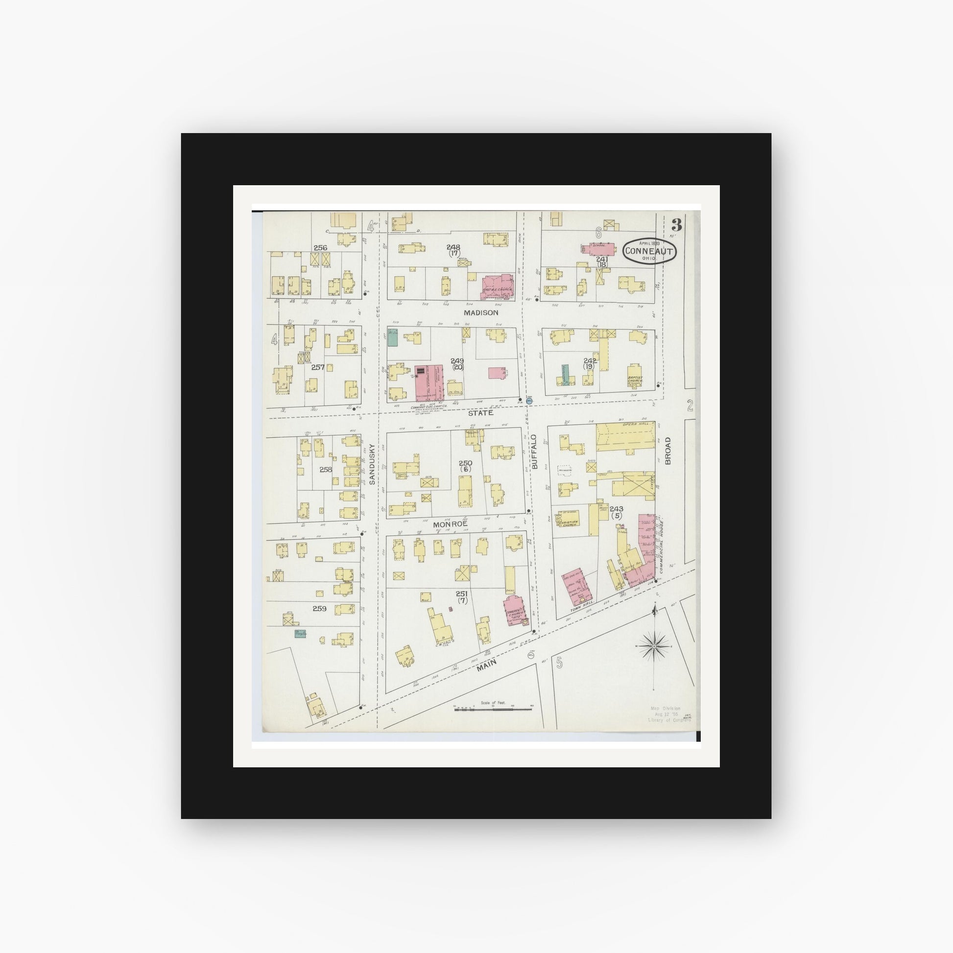 Old map wall art mockup — black gallery frame with white mat — Sanborn Fire Insurance Map from Conneaut, Ashtabula County, Ohio (1893), Sheet #0003