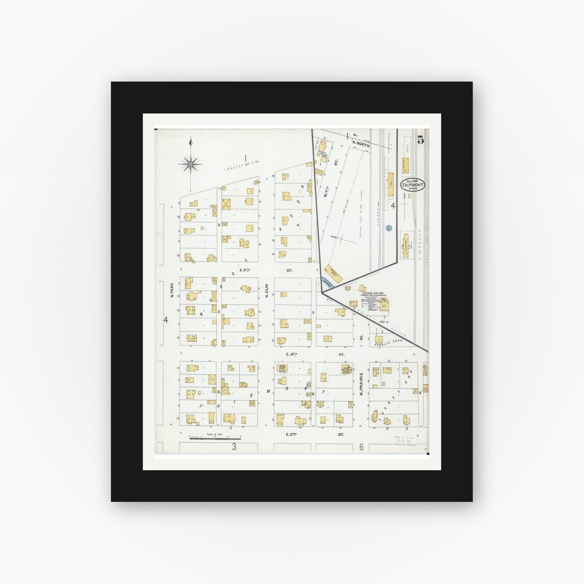 Old map wall art mockup — black gallery frame with white mat — Sanborn Fire Insurance Map from Fairmont, Martin County, Minnesota (1905), Sheet #0005