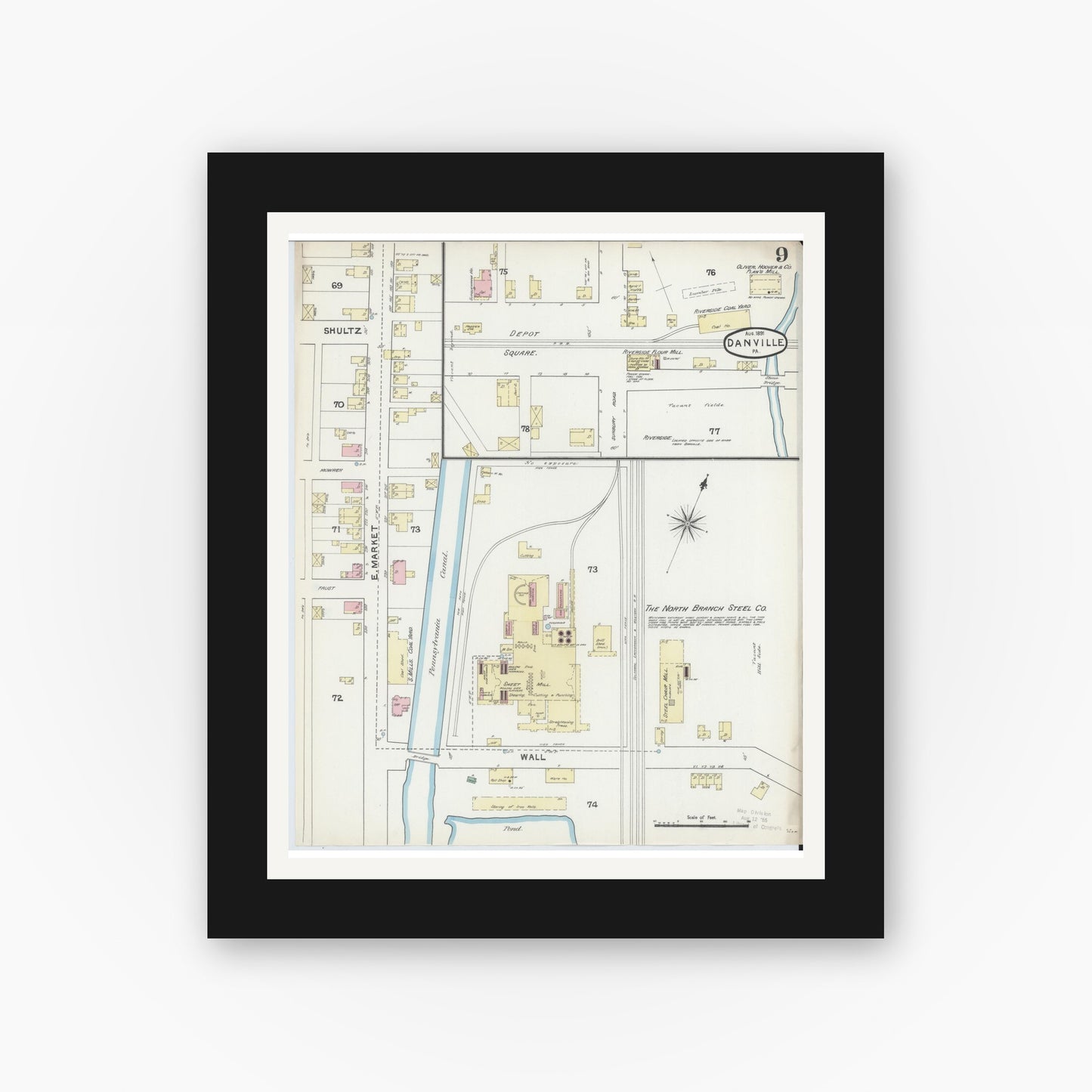 Old map wall art mockup — black gallery frame with white mat — Sanborn Fire Insurance Map from Danville, Montour County, Pennsylvania (1891), Sheet #0009
