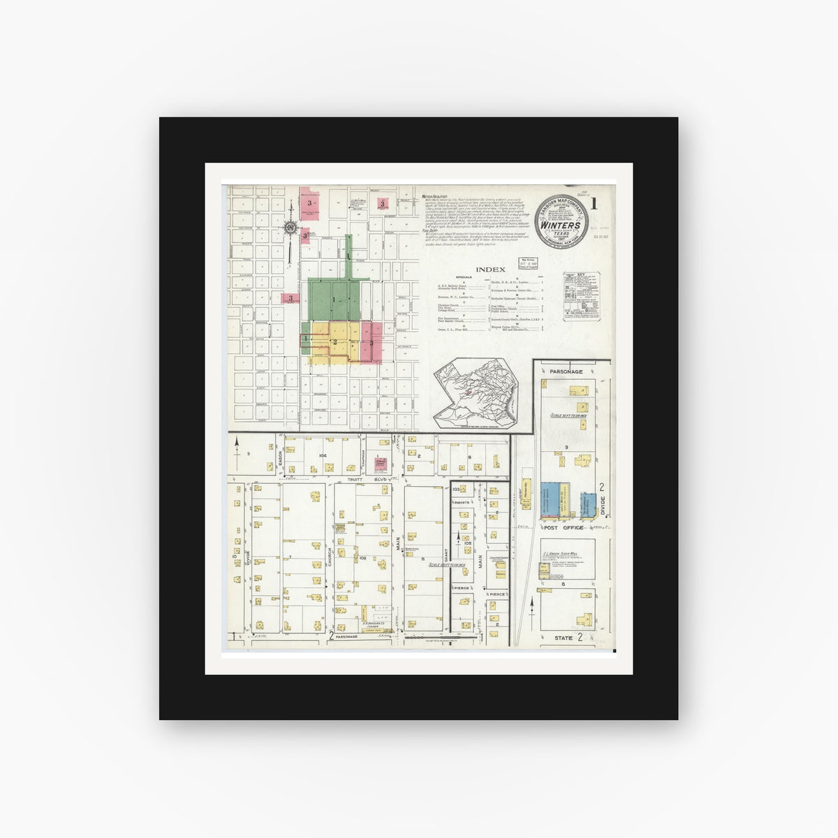 Old map wall art mockup — black gallery frame with white mat — Sanborn Fire Insurance Map from Winters, Runnels County, Texas (1917), Sheet #0001