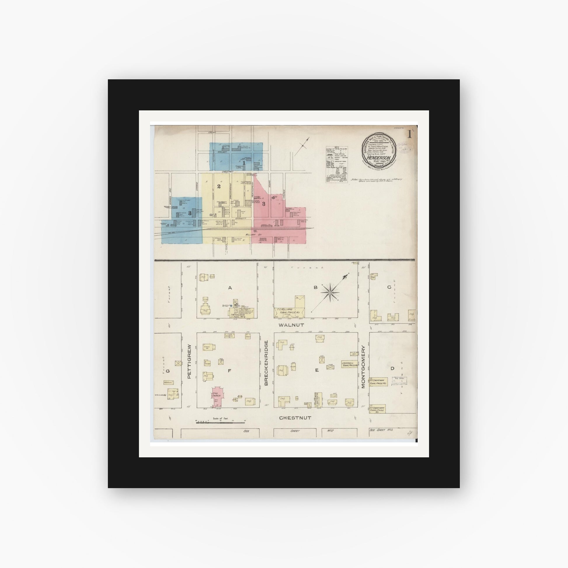 Old map wall art mockup — black gallery frame with white mat — Sanborn Fire Insurance Map from Henderson, Vance County, North Carolina (1885), Sheet #0001