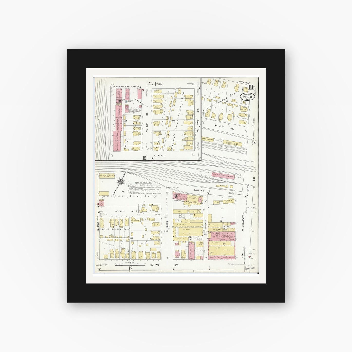Old map wall art mockup — black gallery frame with white mat — Sanborn Fire Insurance Map from Peru, Miami County, Indiana (1912), Sheet #0011