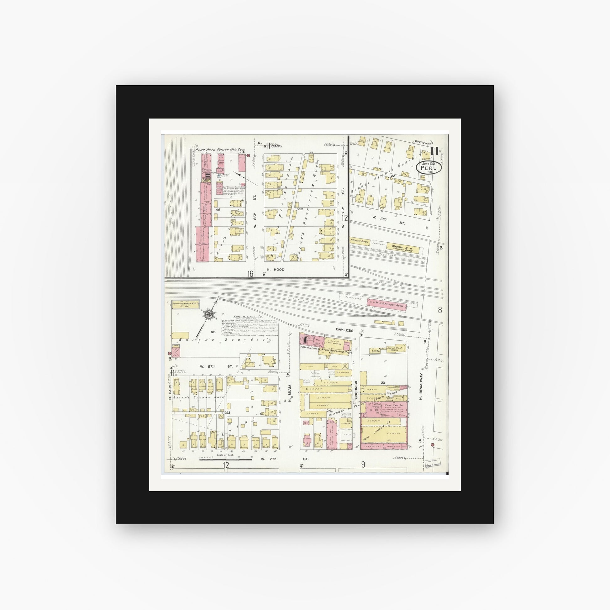 Old map wall art mockup — black gallery frame with white mat — Sanborn Fire Insurance Map from Peru, Miami County, Indiana (1912), Sheet #0011
